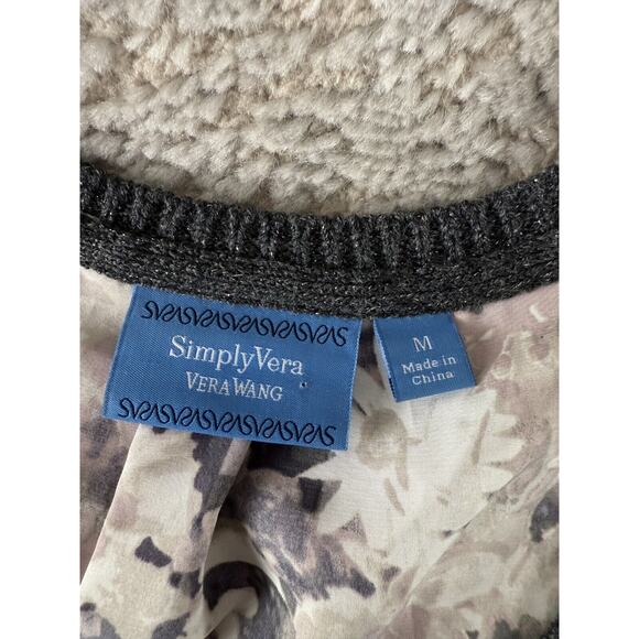 Simply Vera Wang Size M Striped Floral Shimmer Metallic Sweater Gray 3/4 Sleeve - Picture 6 of 9